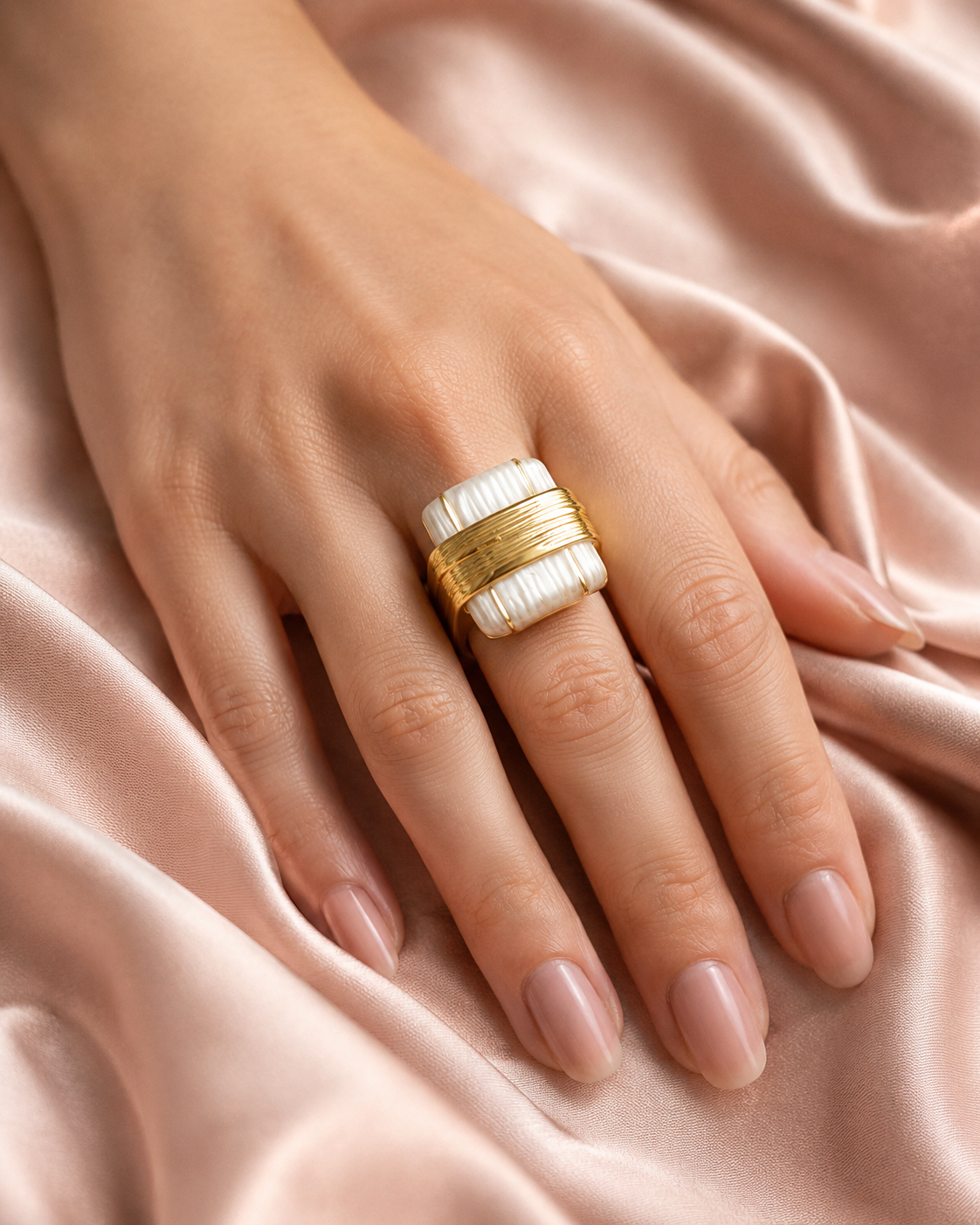 White Ribbed Block Ring