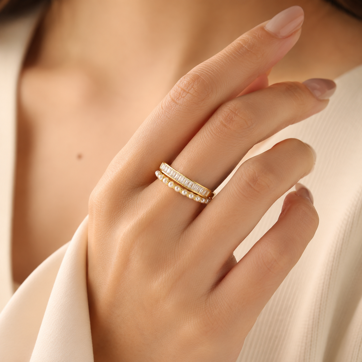Baguette & Pearl Double Band Ring