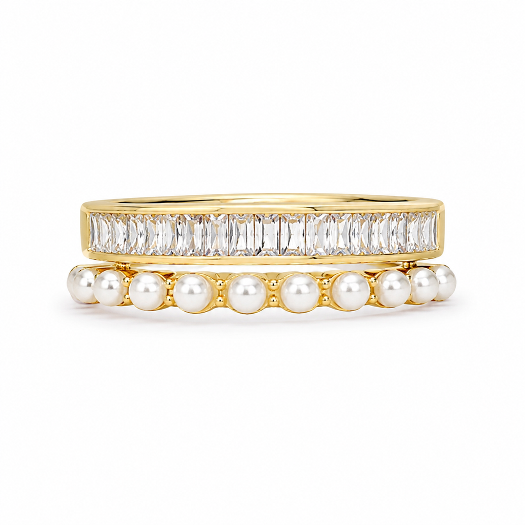 Baguette & Pearl Double Band Ring
