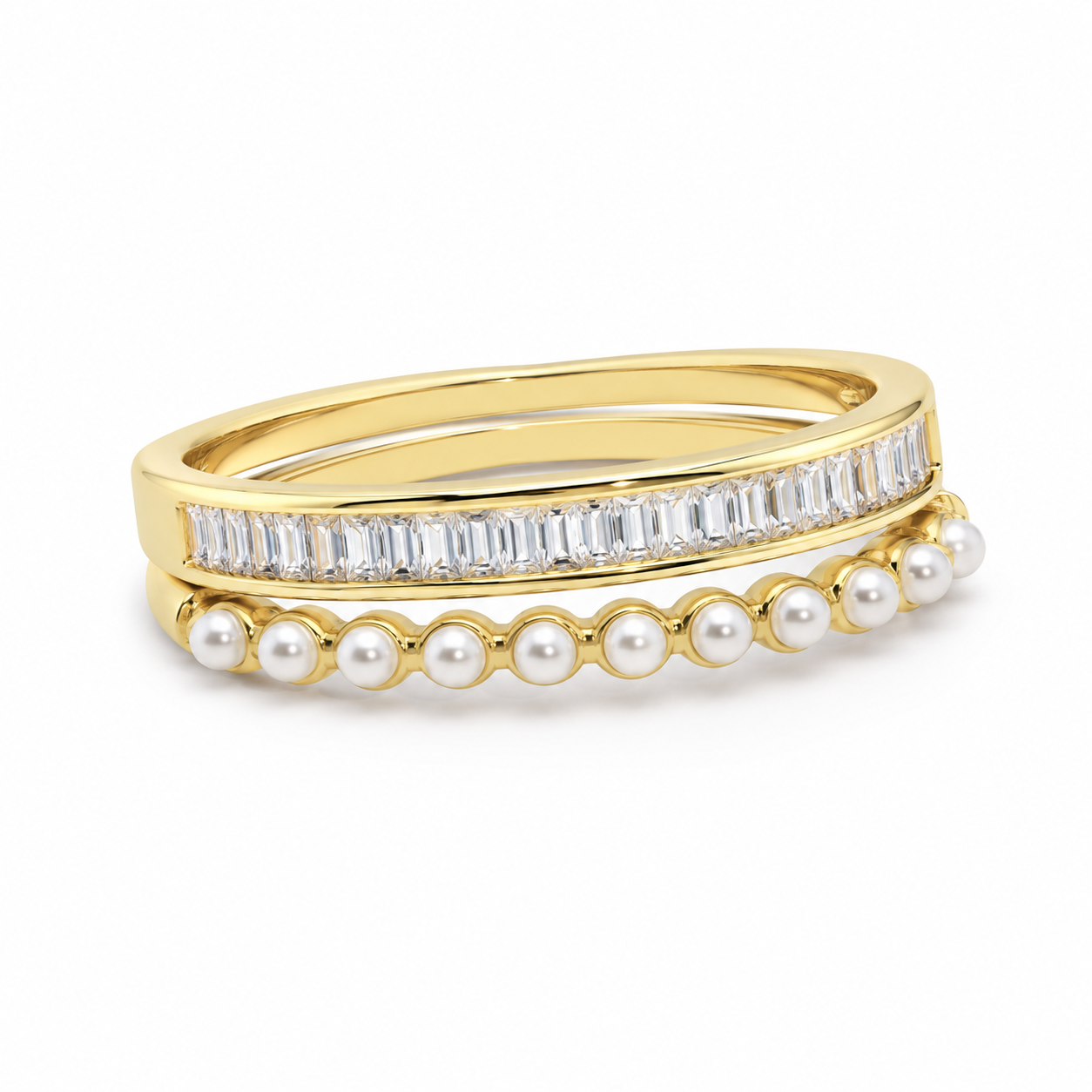 Baguette & Pearl Double Band Ring