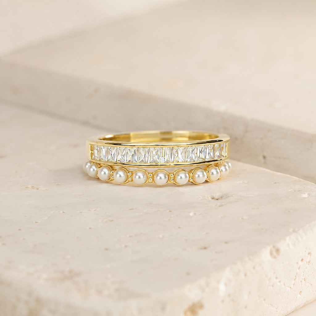 Baguette & Pearl Double Band Ring