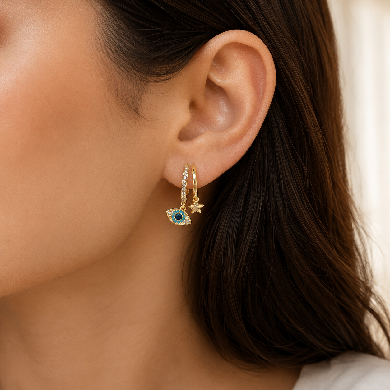 Evil Eye & Star Charm Hoop Earrings