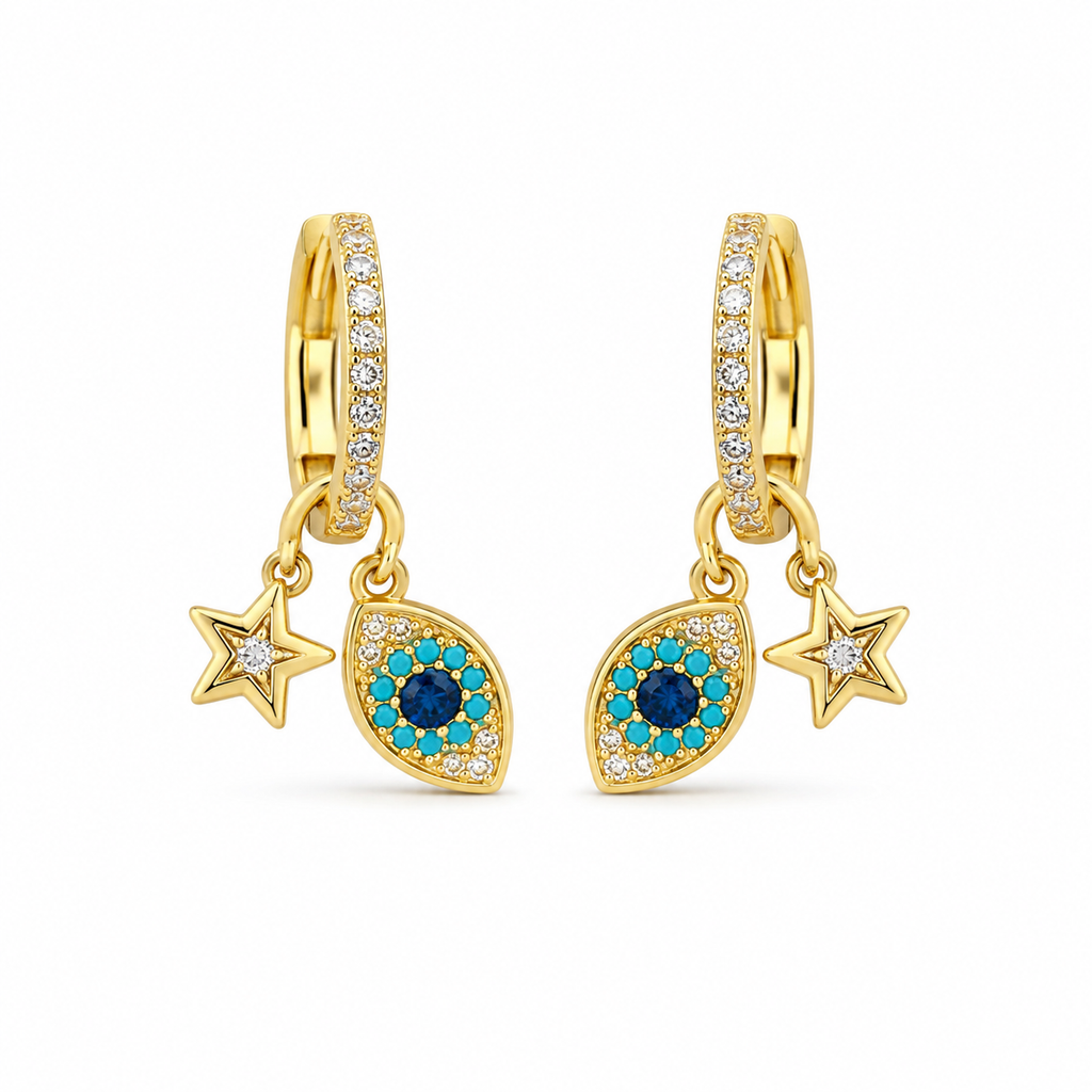 Evil Eye & Star Charm Hoop Earrings