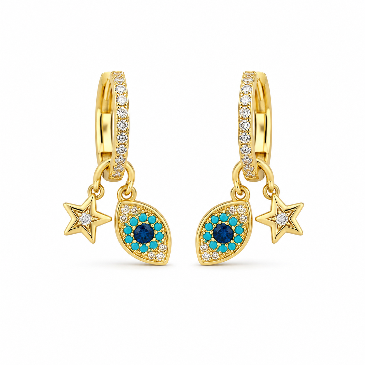 Evil Eye & Star Charm Hoop Earrings