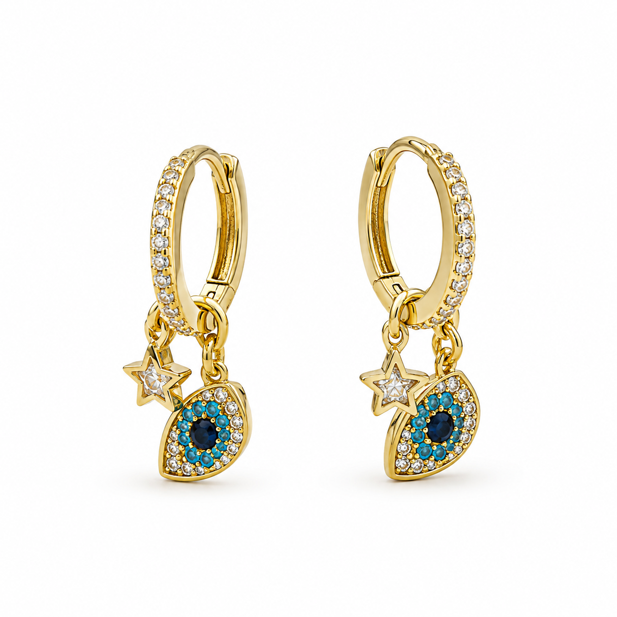 Evil Eye & Star Charm Hoop Earrings
