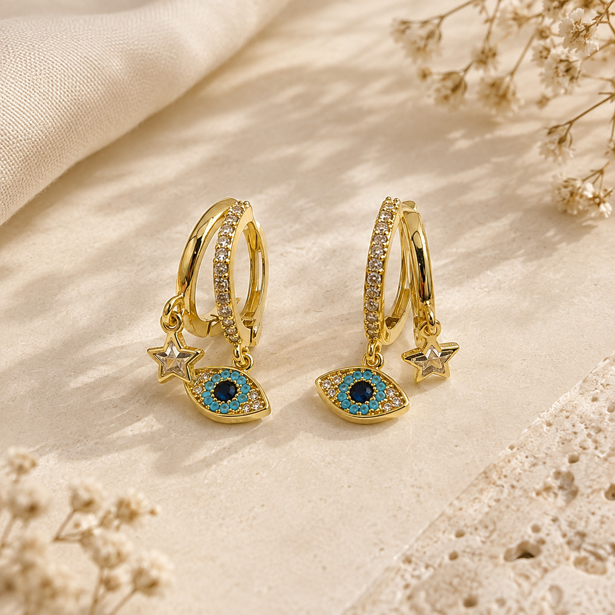 Evil Eye & Star Charm Hoop Earrings