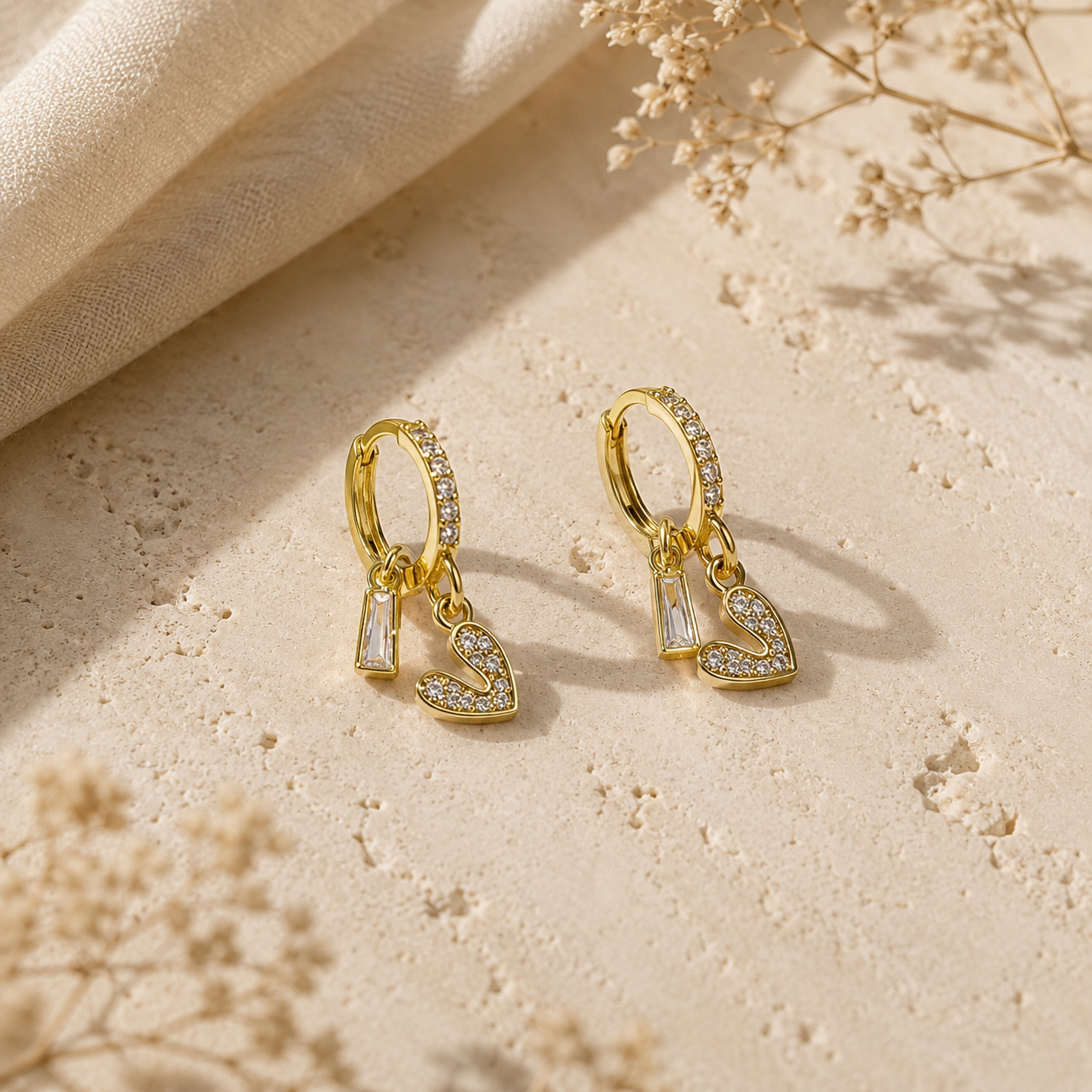 Heart and Baguette Charm Hoop Earrings component