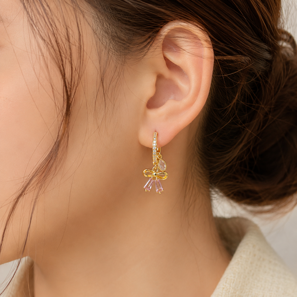 Pink Bow Charm Hoop Earrings