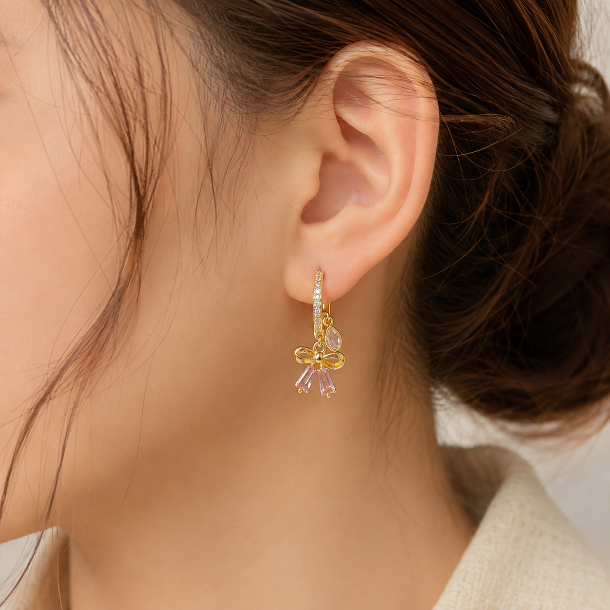 Pink Bow Charm Hoop Earrings