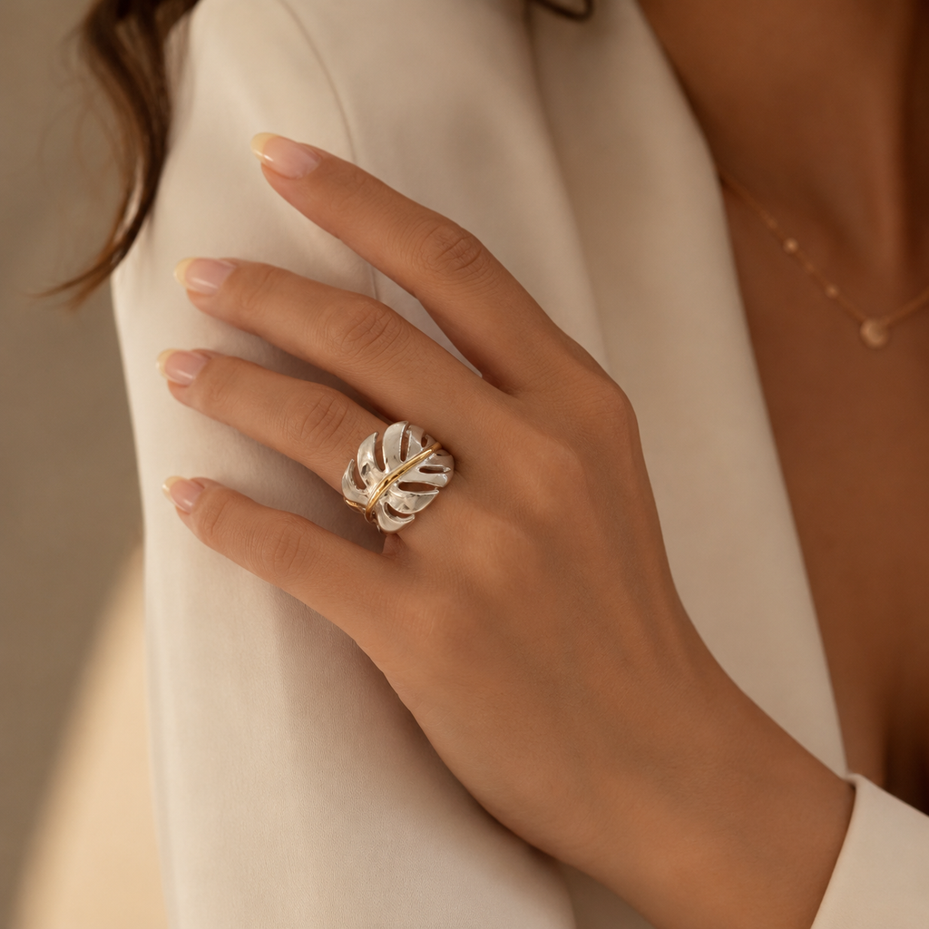Silver & Gold Monstera Leaf Ring