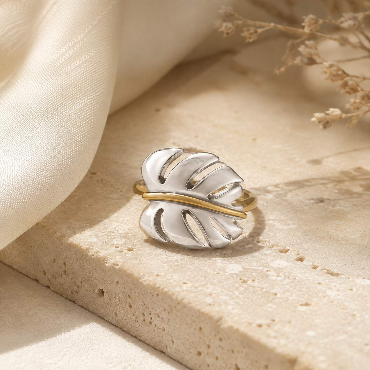Silver & Gold Monstera Leaf Ring