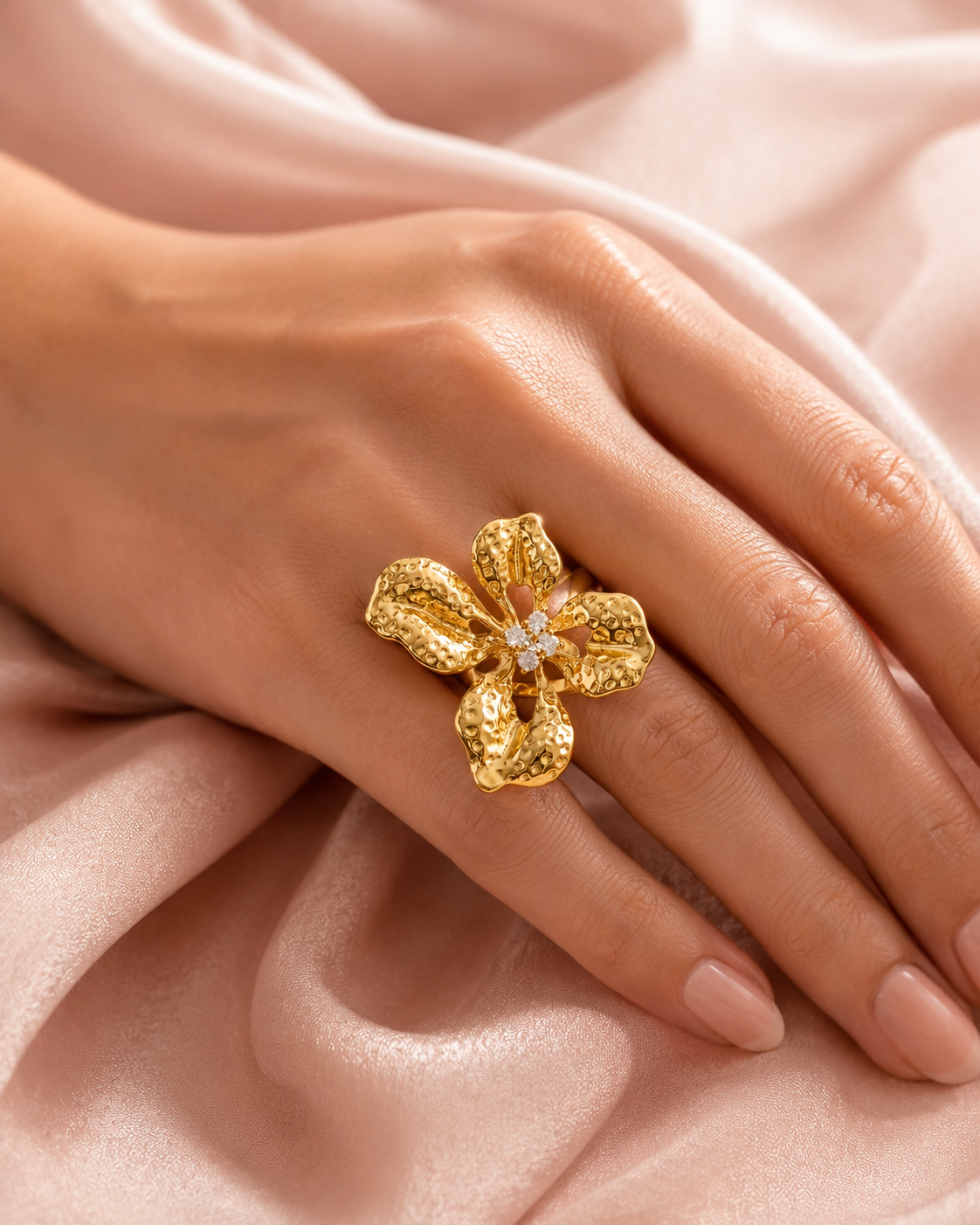 Gold Hammered Flower Ring