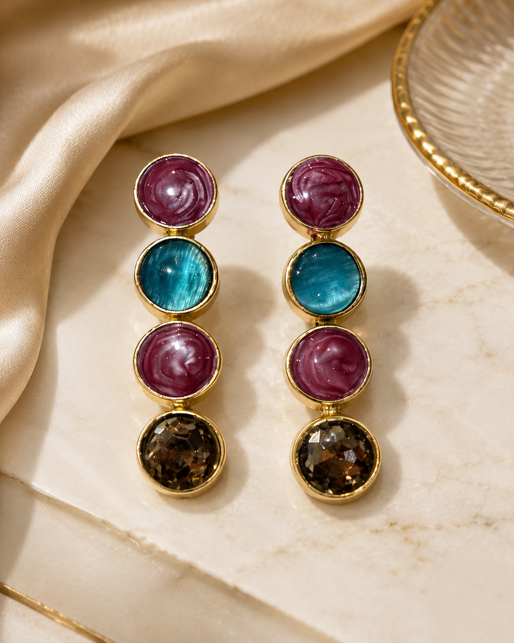 Jewel-Tone Stacked Drop Earrings