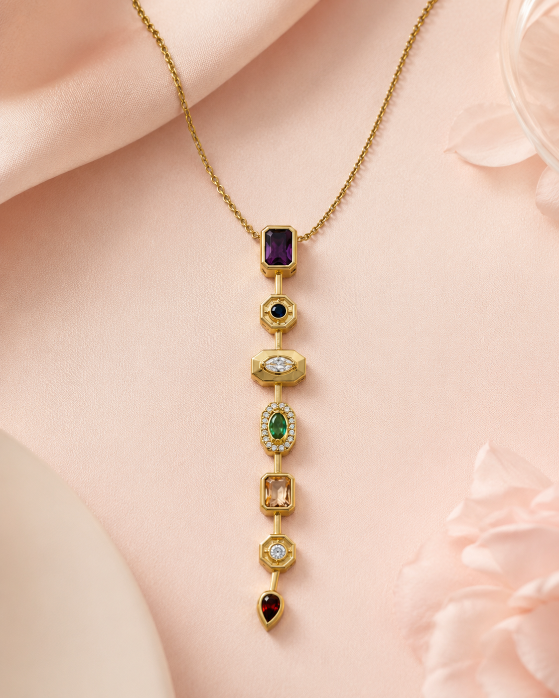 Art Deco Mixed Gem Drop Necklace