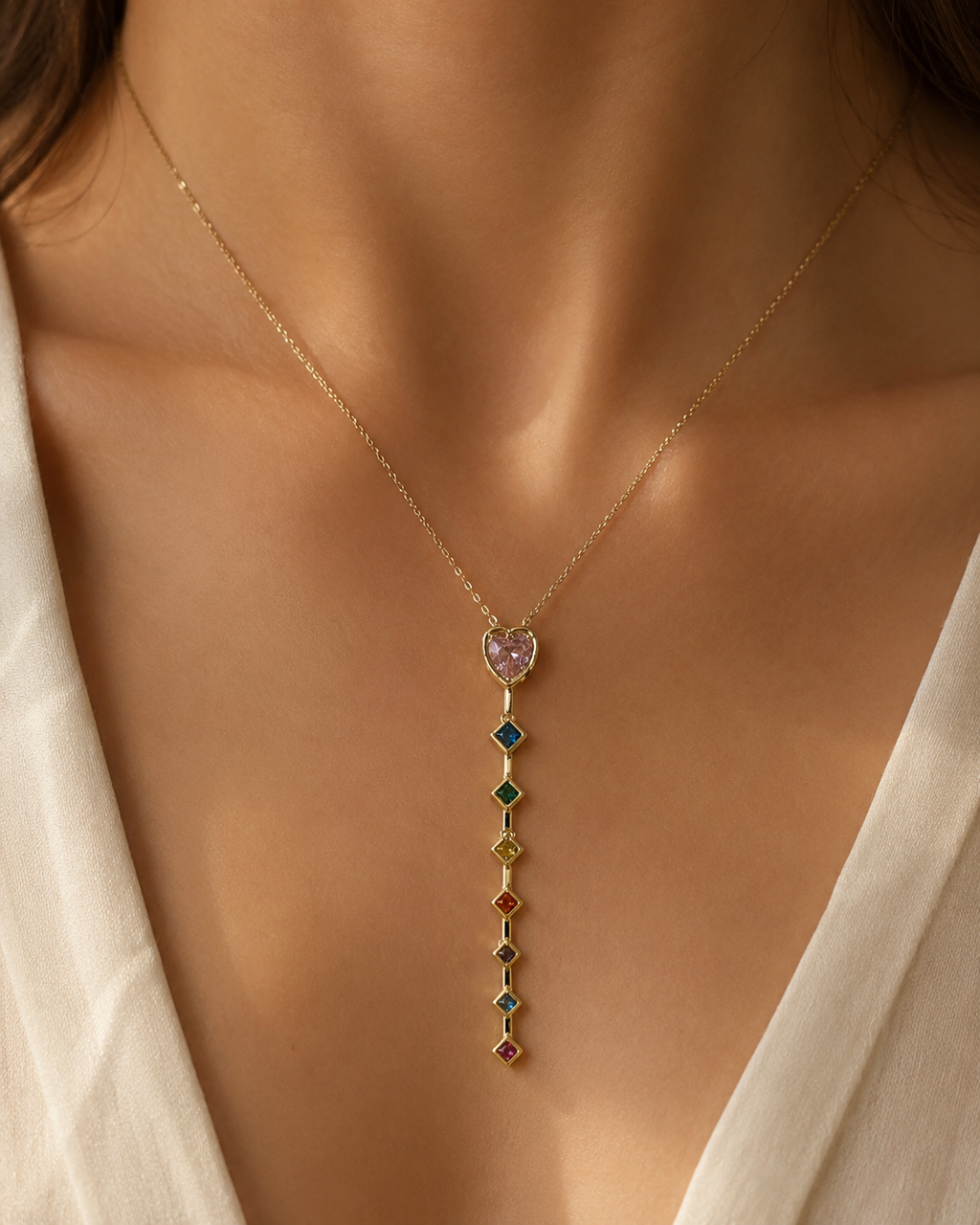 Rainbow Gem Drop Lariat Necklace
