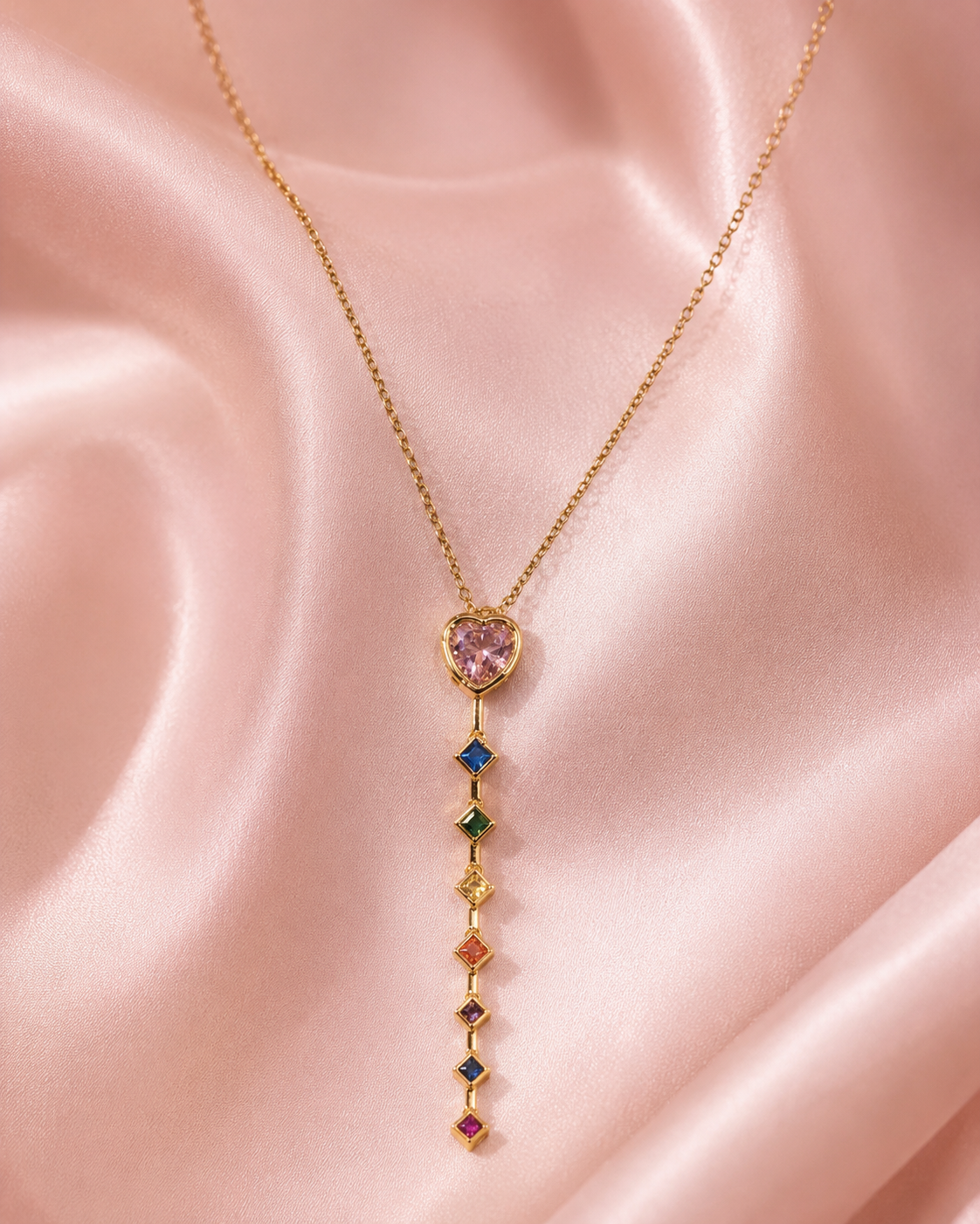 Rainbow Gem Drop Lariat Necklace